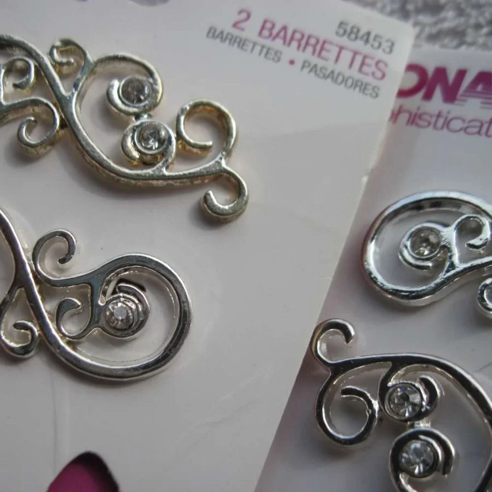 2 Conair Sophisticates Metal Secure Fit Tight Back Hair Barrettes Rhinestones
